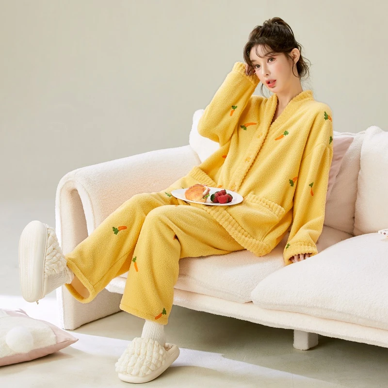 2024秋冬季新款女睡衣半边绒保暖家居服套装