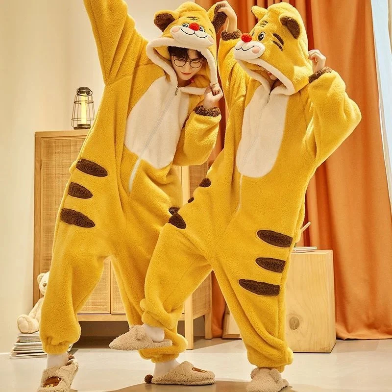 小老虎情侣连体睡衣女秋冬季珊瑚绒加绒加厚卡通法兰绒家居服冬天