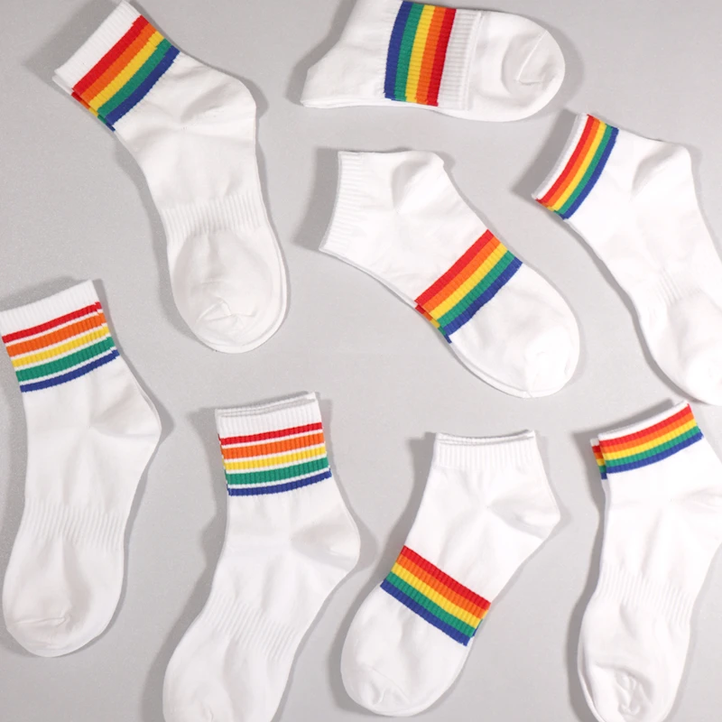 男士棉袜中筒短筒袜春夏薄款彩虹袜吸汗防臭简约条纹白袜百搭情侣