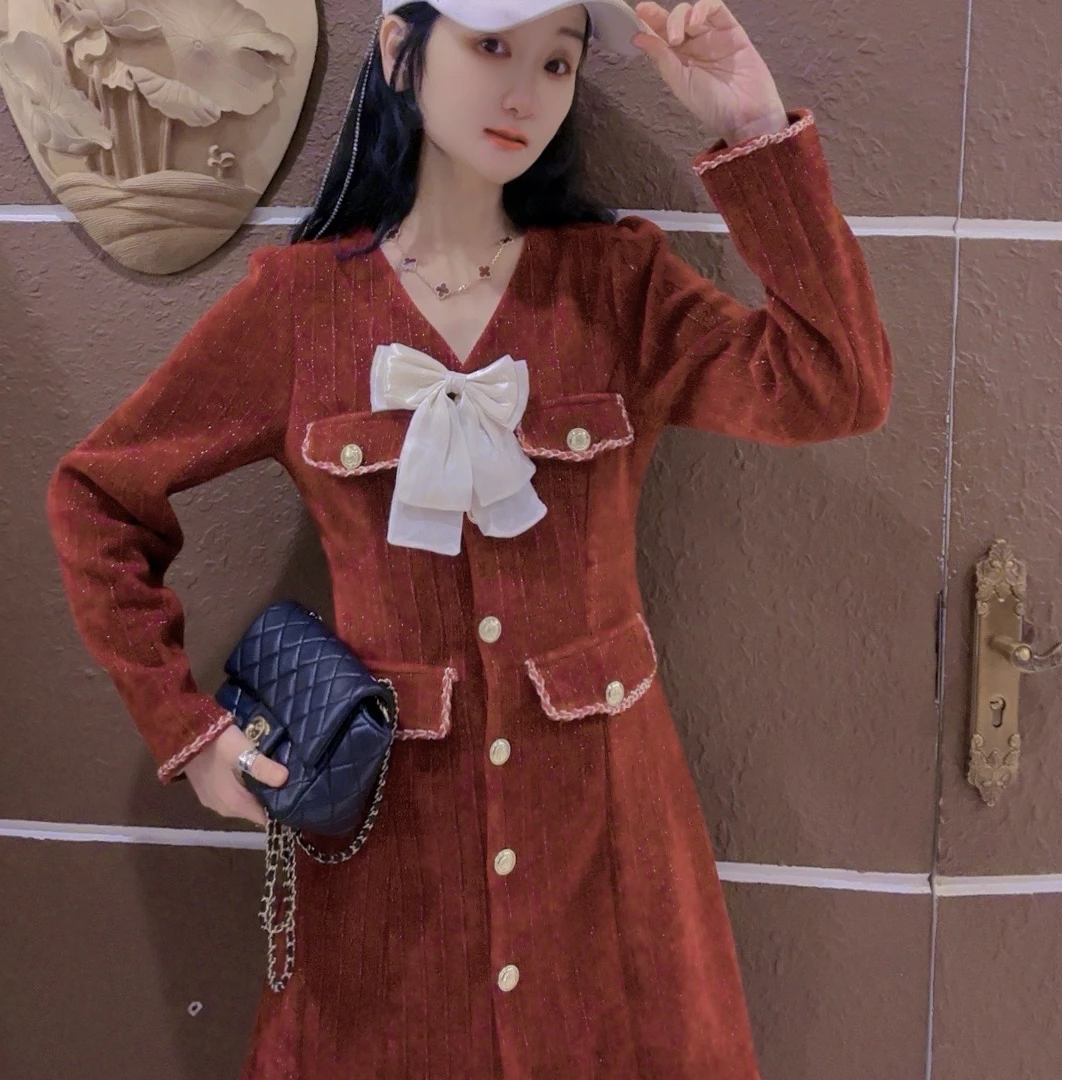 M44D001慕之淇蝴蝶结小香风法式醋酸+麻连衣裙