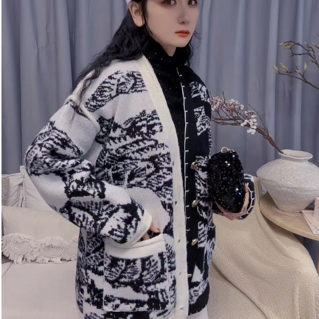 M43I060慕之淇羊毛慵懒风撞色提花毛衣保暖开衫