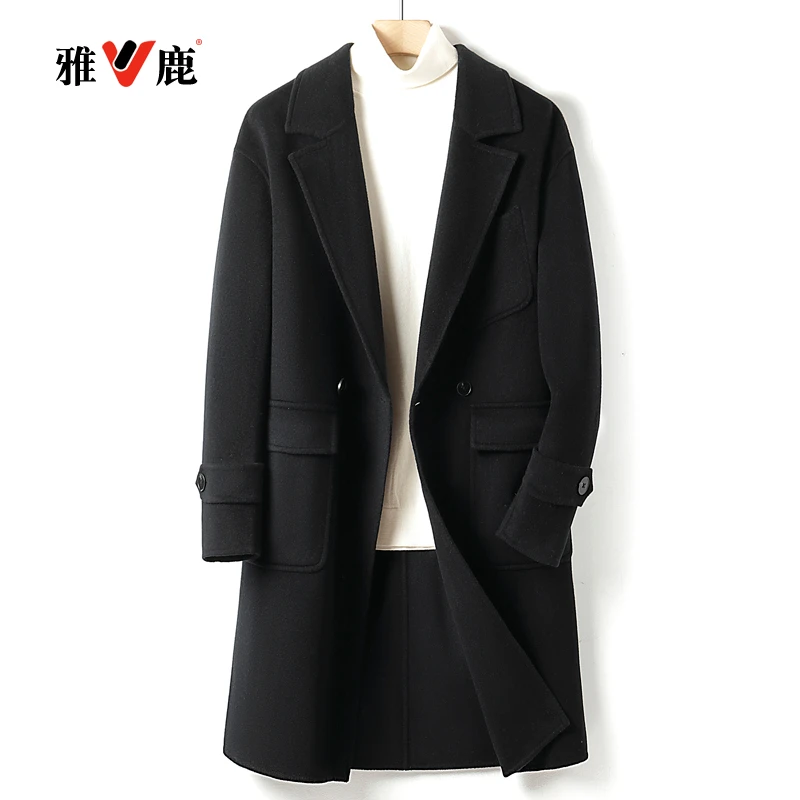 雅鹿手工双面羊绒大衣男士羊毛大衣中长款秋冬季宽松休闲毛呢外套
