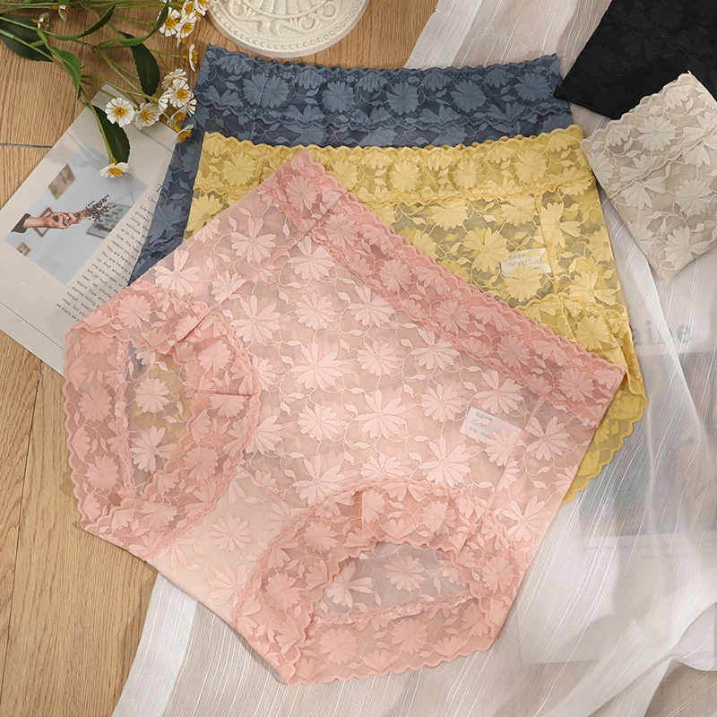 蕾丝内裤女性感女士桑蚕丝裆部大码轻薄透气中高腰纯欲三角短裤