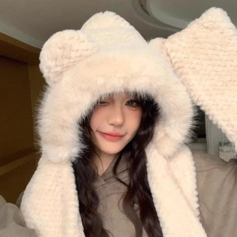 冬季毛绒帽子女围巾手套一体女秋冬季百搭加厚保暖骑车防寒护耳帽