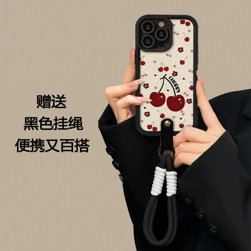 甜美樱桃适用苹果16华为p70/vivo防摔oppo小米14天眼贴皮手机壳软