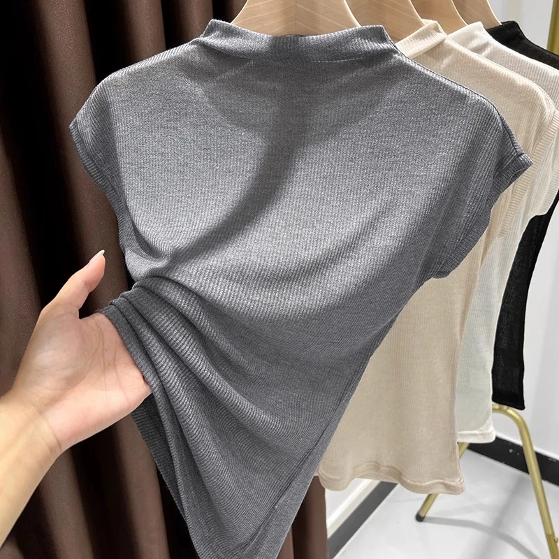 半高领打底衫女秋季新款修身洋气内搭超薄细螺纹包肩无袖背心上衣