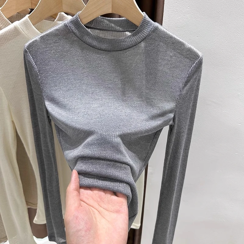微透螺纹针织长袖打底衫女春秋小圆领内搭T恤高级感配裙子薄上衣