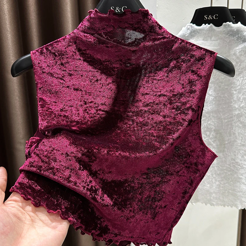 安可拉红内搭假领子女秋冬2025新款木耳边半高领叠穿丝绒打底背心