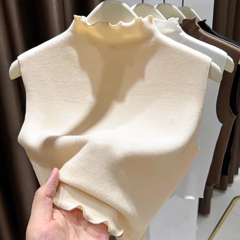 假领子德绒打底衫女秋冬无袖内搭短款背心百搭木耳半高领修身上衣