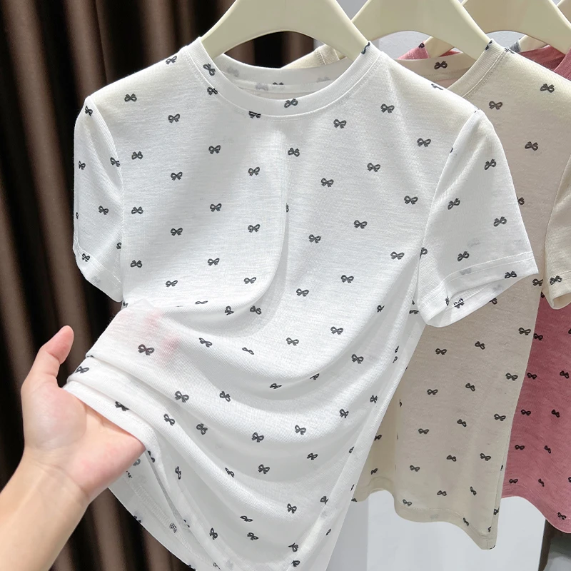 蝴蝶结短袖t恤女内搭2025夏季新款小圆领打底衫时尚薄款冰丝上衣