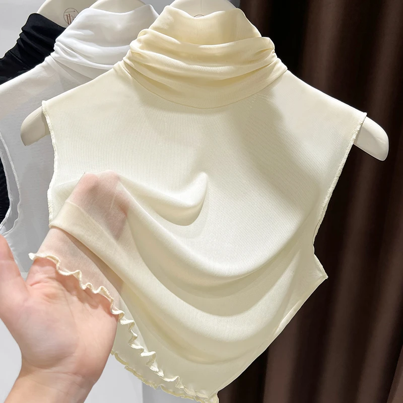假领子网纱打底衫女洋气内搭堆堆领无袖背心秋冬新款叠穿蕾丝上衣