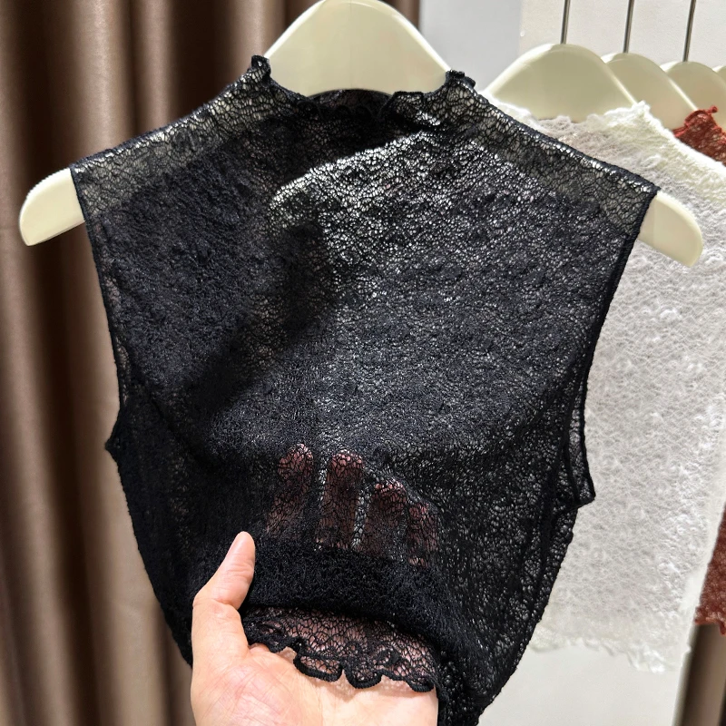 高级感木耳蕾丝打底衫女洋气内搭半高领无袖背心春秋新款网纱上衣
