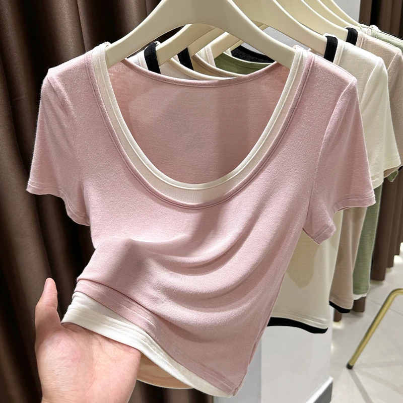 粉色正肩短袖T恤女爆款2025新款夏季拼接假两件设计感打底衫上衣