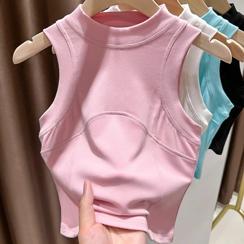 粉色甜辣无袖工字背心女夏季立领坎肩t恤短款内搭鱼骨线打底上衣