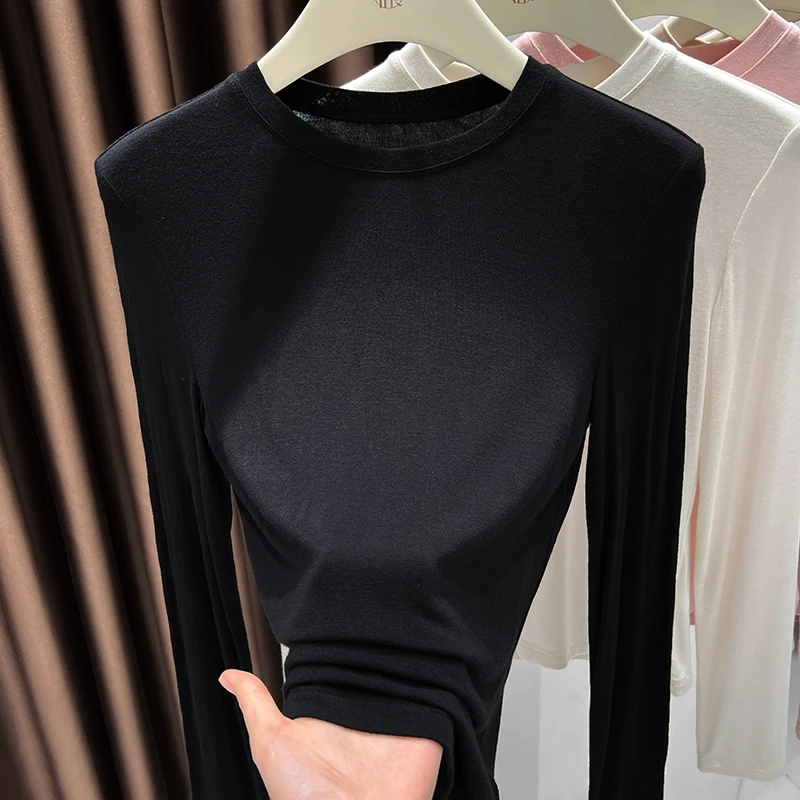 针织圆领打底衫女修身内搭薄款长袖T恤衫春秋新款小个子紧身上衣