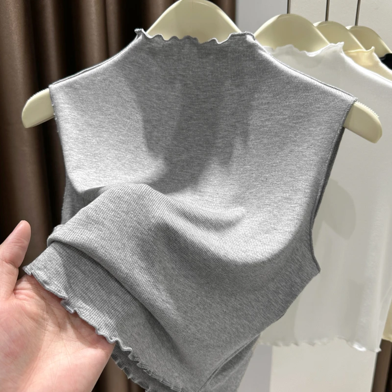 针织假领子女款百搭秋冬短款无袖背心内搭灰色木耳边半高领打底衫