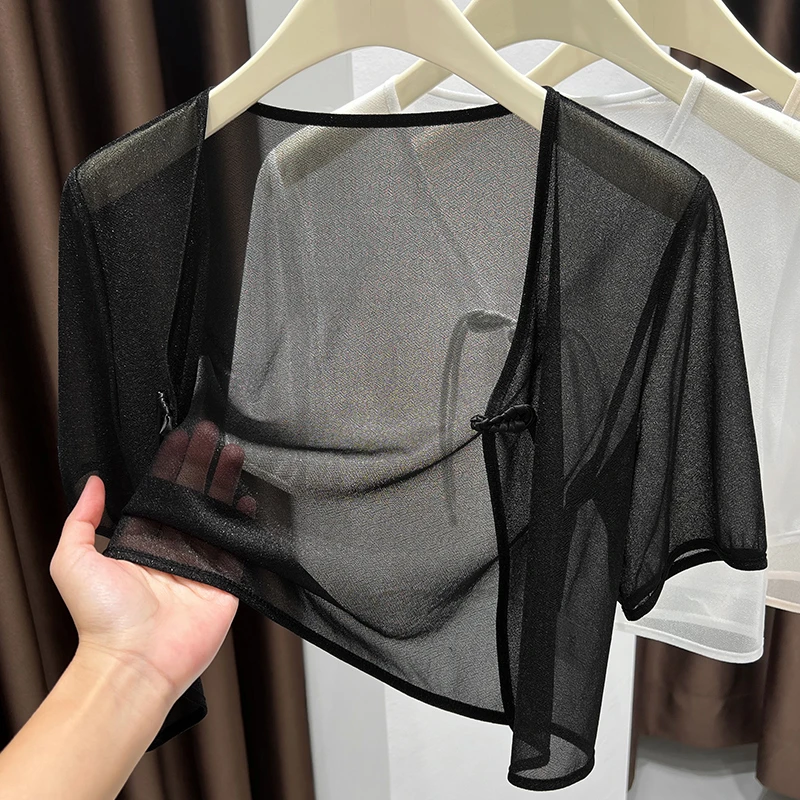 薄款配吊带裙外搭披肩款短款盘扣网纱上衣冰丝短袖防晒开衫女夏季