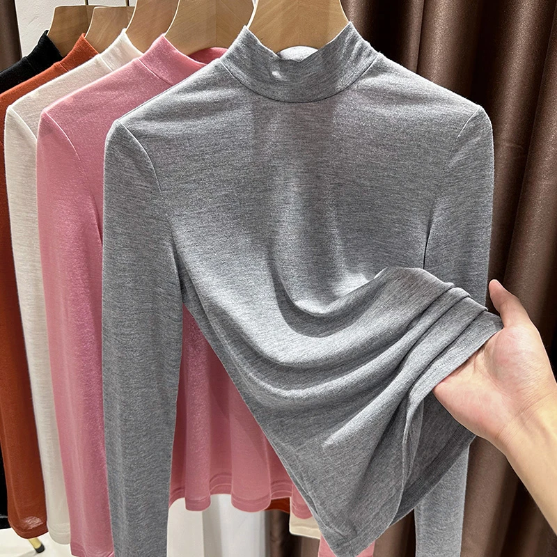 早秋新款针织长袖打底衫女薄款正肩T恤衫修身内搭半高领灰色上衣