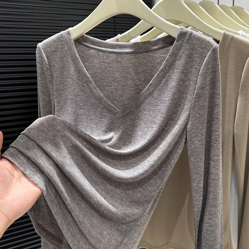 纯欲V领长袖T恤女2025春秋季设计感小众洋气宽松罩衫休闲百搭上衣