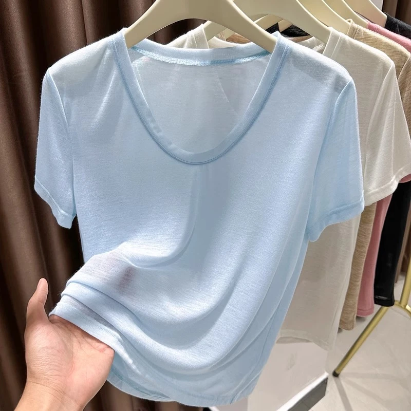 蓝色V领上衣女夏季新款纯色大领口短袖T恤薄款内搭宽松天丝打底衫