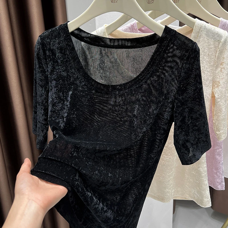 薄款T恤内搭五分中袖高端打底衫黑色基础款低圆领蕾丝网纱上衣女