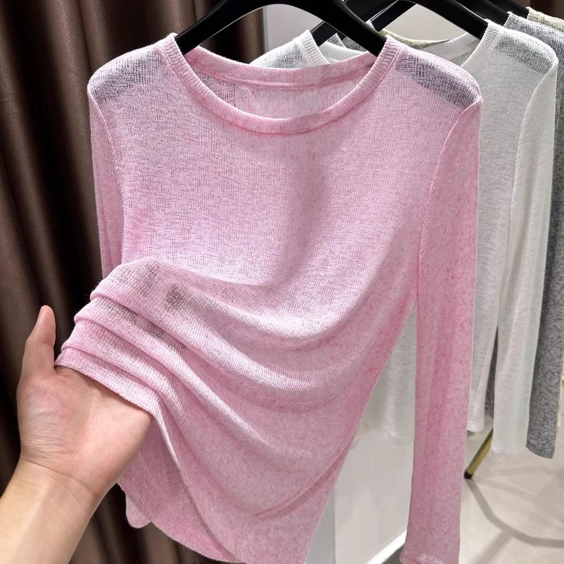 粉色小圆领长袖微透正肩T恤女士2025新款夏搭防晒长袖罩衫上衣薄
