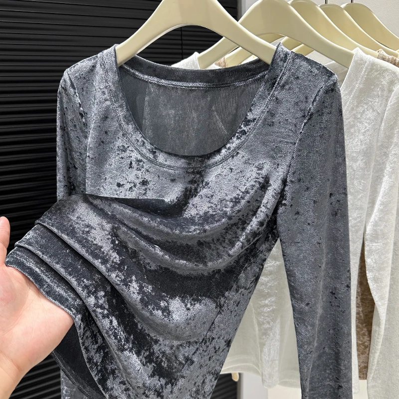 2025新款微透柔软正肩长袖T恤高级感网纱上衣大领口内搭打底衫女