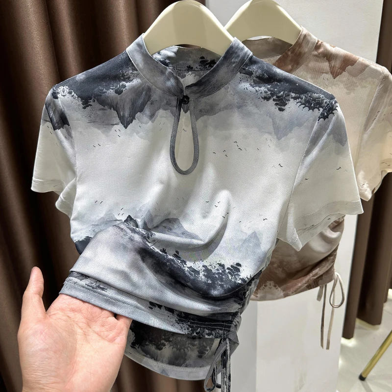 新中式国风网纱短袖T恤女款夏季立领短款掐腰抽绳不规则扎染上衣