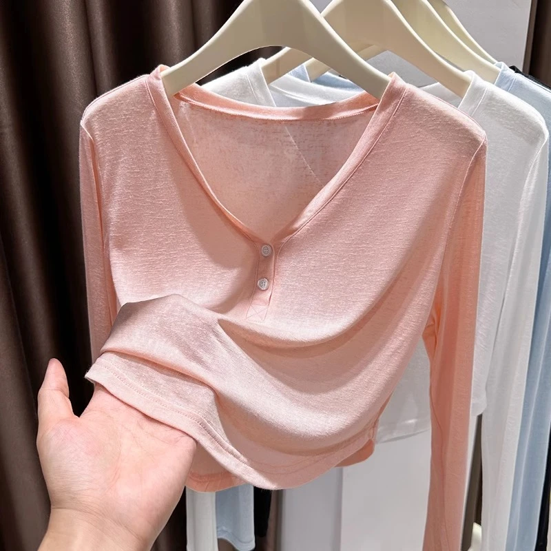 粉色V领长袖软糯T恤女爆款2025新款夏季冰丝防晒微透罩衫短款上衣