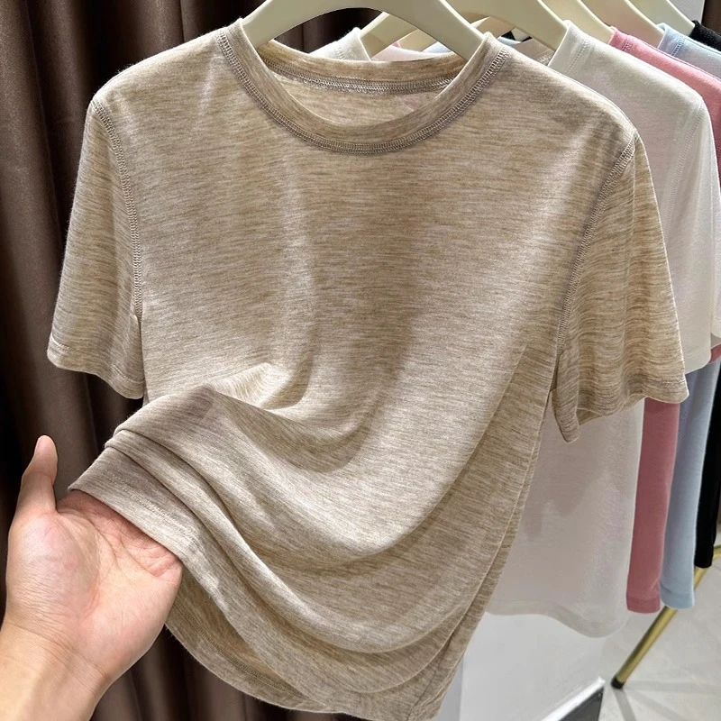 纯色正肩T恤短袖女夏季内搭薄款打底衫宽松显瘦百搭冰丝上衣外穿