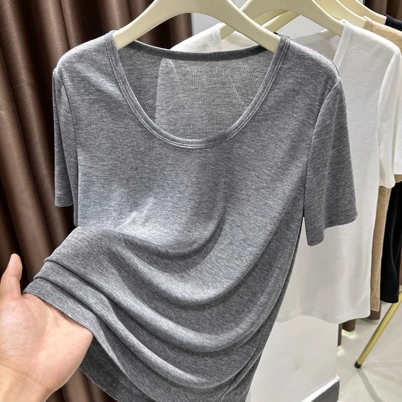 冰丝灰色u领正肩宽松短袖女款爆款2025新款显瘦大领口T恤上衣薄款