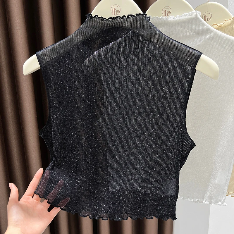 蕾丝打底衫女假领子叠穿内搭无袖网纱上衣春秋新款木耳半高领背心