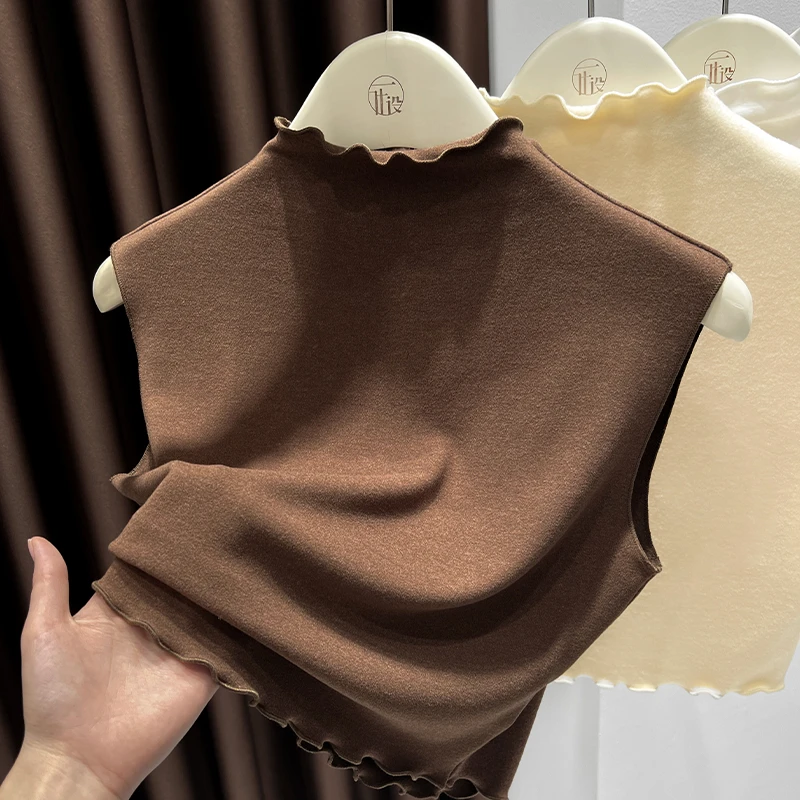 咖色磨毛背心内搭半高领无袖打底衫百搭木耳边假领子女秋冬短款