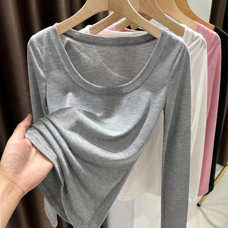 修身百搭正肩长袖T恤衫女早秋新款纯色内搭大U领针织打底衫薄上衣