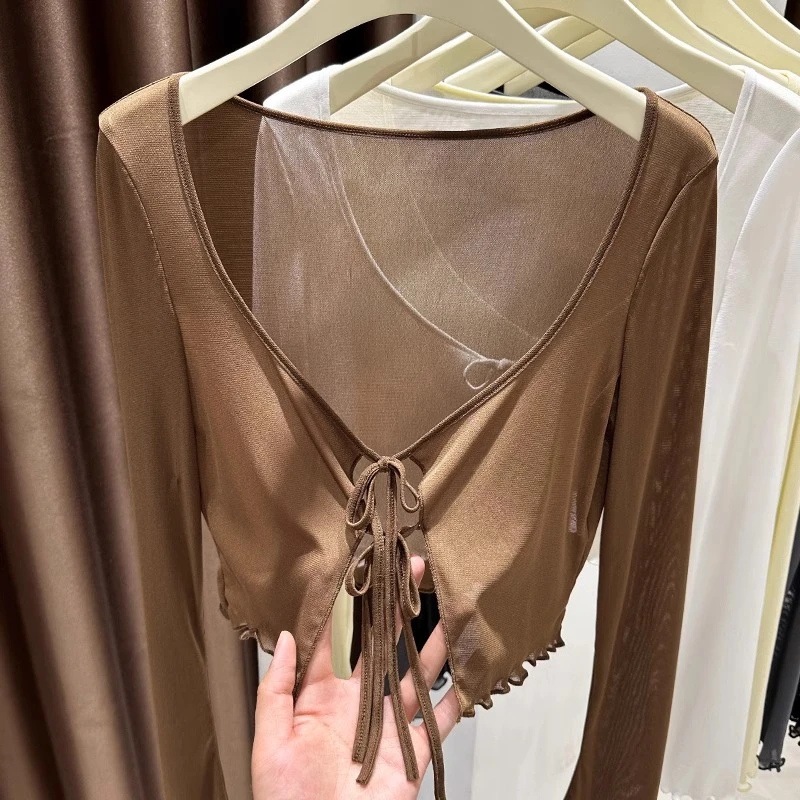 咖色防晒系带开衫外套女款2025新款夏季短款薄款冰丝小坎肩披肩