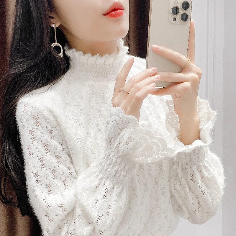 洋气半高领网纱打底衫女长袖内搭蕾丝加绒小衫秋冬季新款保暖上衣