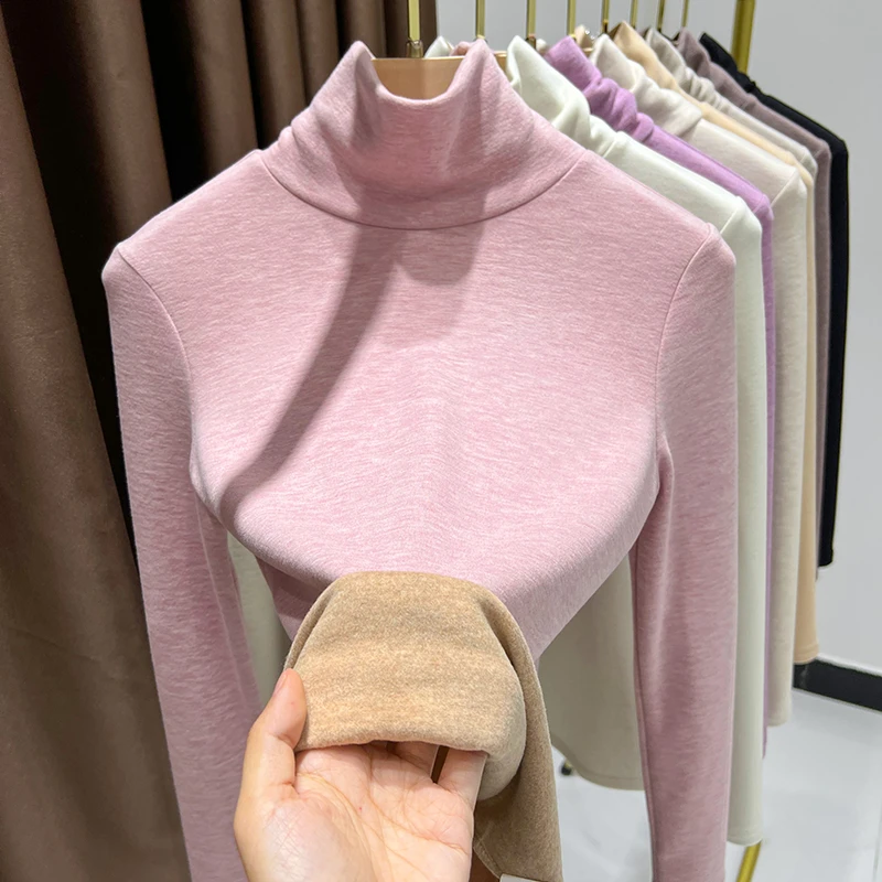 秋冬无痕保暖上衣女修身内搭堆堆领长袖T恤外穿小个子德绒打底衫