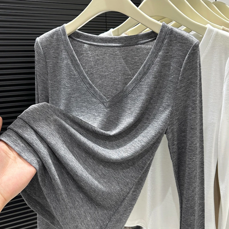 灰色宽松V领针织t恤女长袖简约设计感百搭显瘦春秋季高端内搭上衣