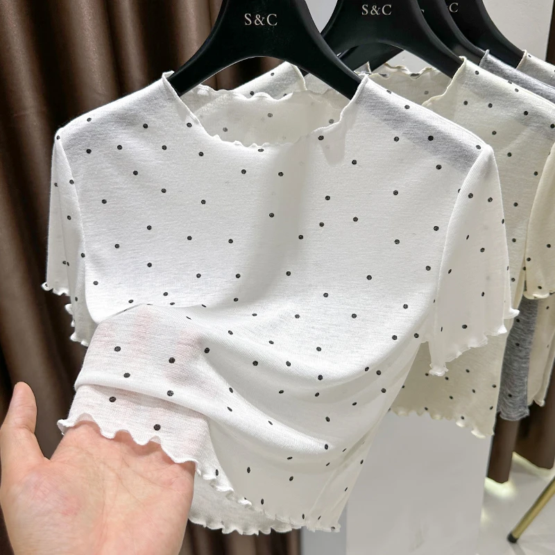 白色波点短袖T恤女爆款2025新款夏季修身木耳边软糯内搭洋气上衣
