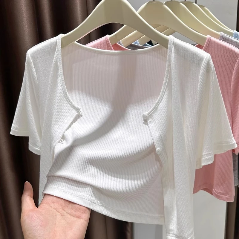 短袖开衫薄款女夏配吊带裙外搭白色针织披肩防晒短款短外套小上衣