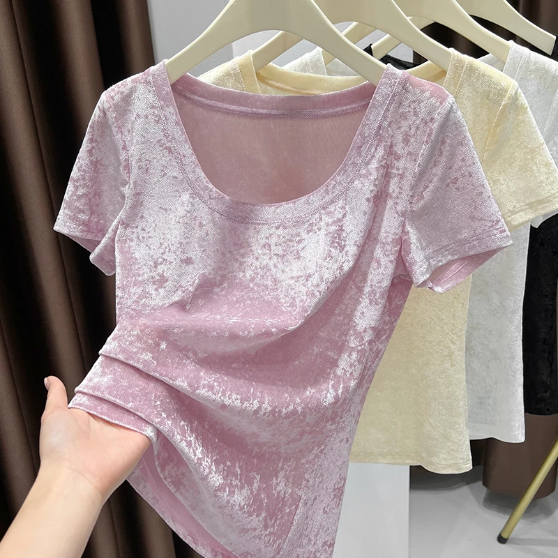 韩版露锁骨圆领修身显瘦上衣内搭轻盈打底衫丝绒网纱短袖T恤女夏