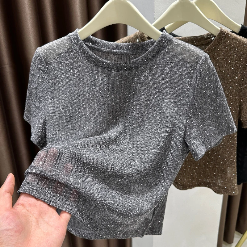 灰色冰丝针织短袖T恤女夏2025新款圆领打底衫亮丝烫钻薄正肩上衣