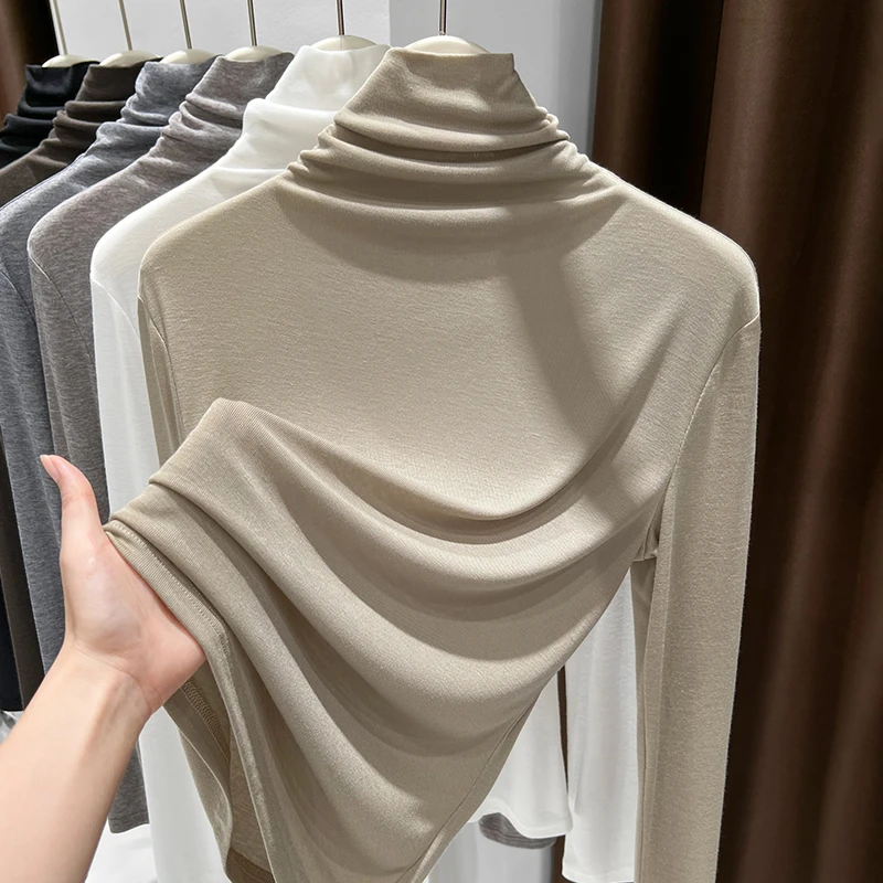 可外穿薄款长袖修身上衣女洋气内搭堆堆领针织T恤打底衫春秋新款