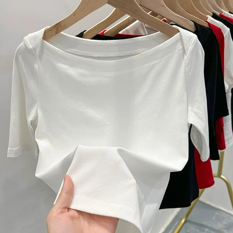 高级感一字领短袖T恤女爆款2025新款白色修身显瘦打底衫薄款上衣