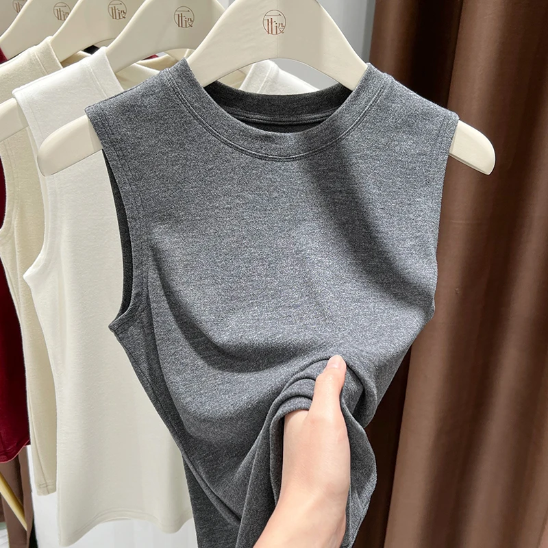 秋冬加厚澳绒针织背心女2024新款内搭无袖t恤贴身保暖德绒打底衫