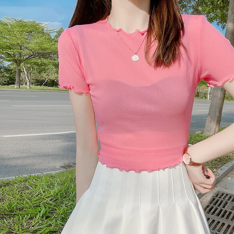 透视蕾丝打底衫女夏吊带裙内搭短袖t恤薄纱木耳短款甜辣网纱上衣