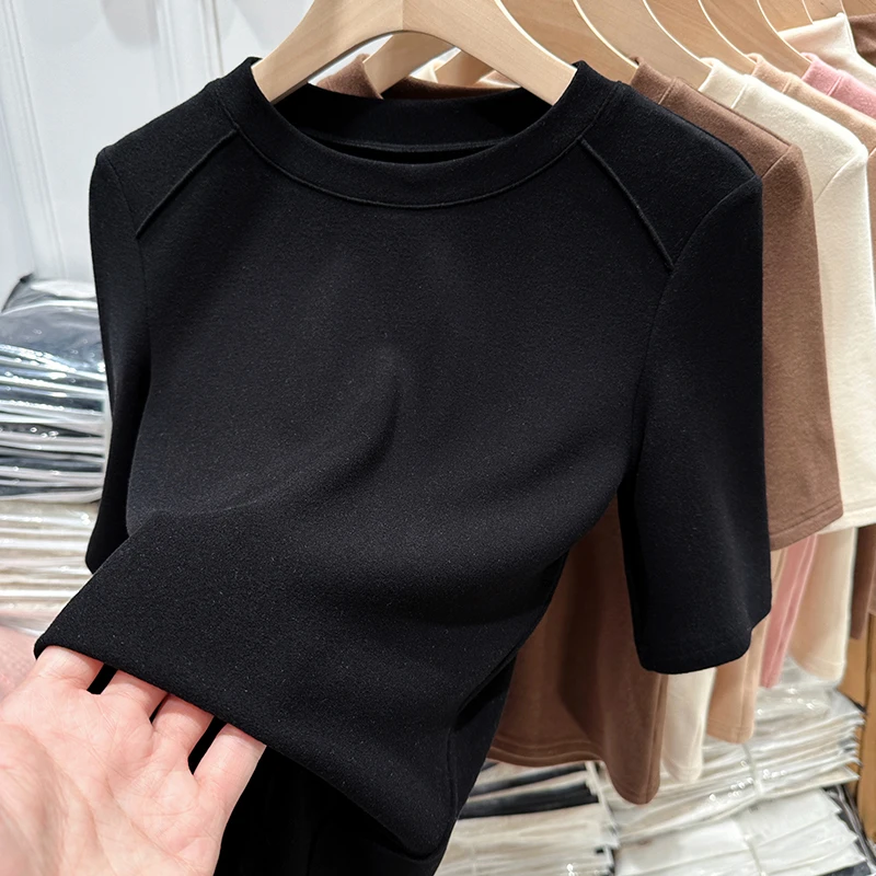 高级感黑色德绒打底衫女短袖修身内搭秋冬新款小圆领加绒保暖上衣