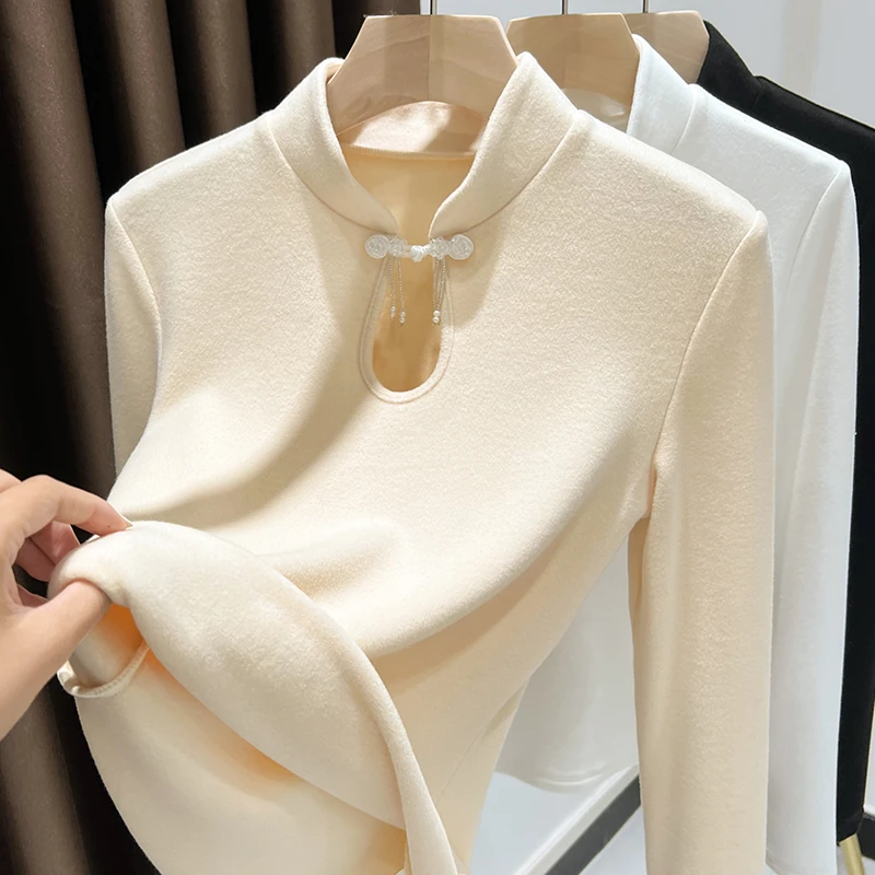 中国风旗袍领打底衫女2026新款秋冬保暖内搭长袖t恤高档德绒上衣