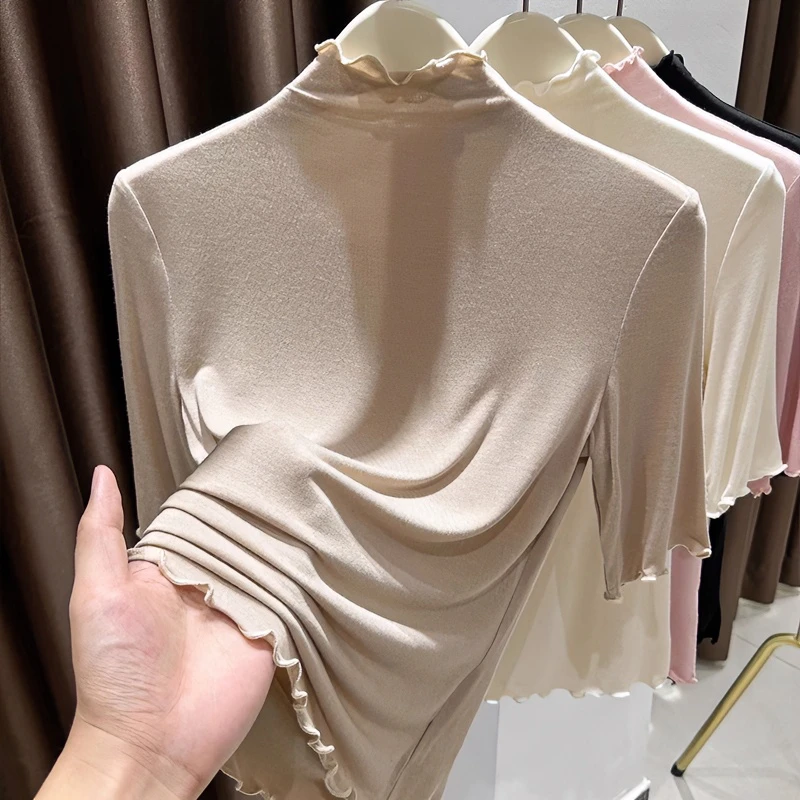 半高领短袖t恤女新款薄款中袖木耳边莫代尔高端五分袖打底衫内搭