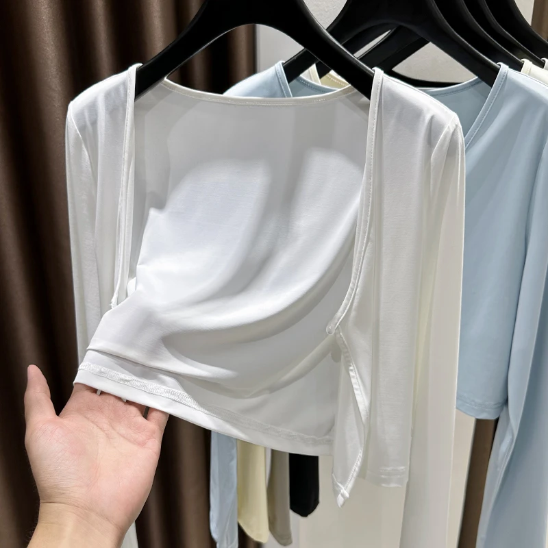 短款冰丝针织开衫女外搭披肩新款配吊带裙空调罩衫白色网纱薄外套